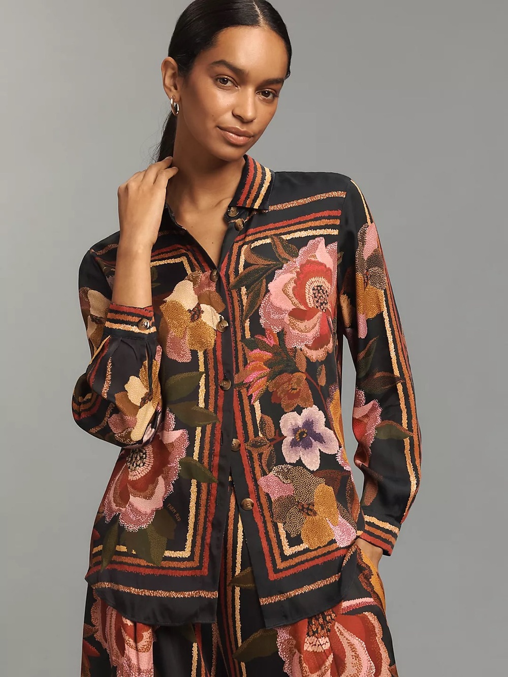 NEW Farm Rio Chenille Flowers Long-Sleeve Buttondown Blouse, XS